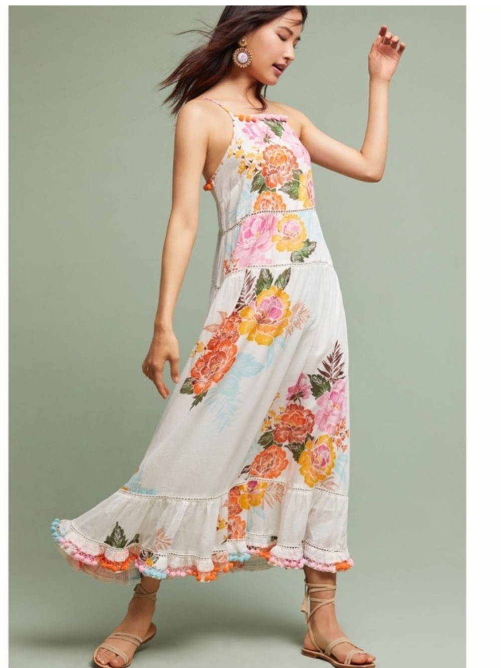 Farm Rio For Anthropologie Lantanas Maxi Dress White Floral Pompom Trim Size S